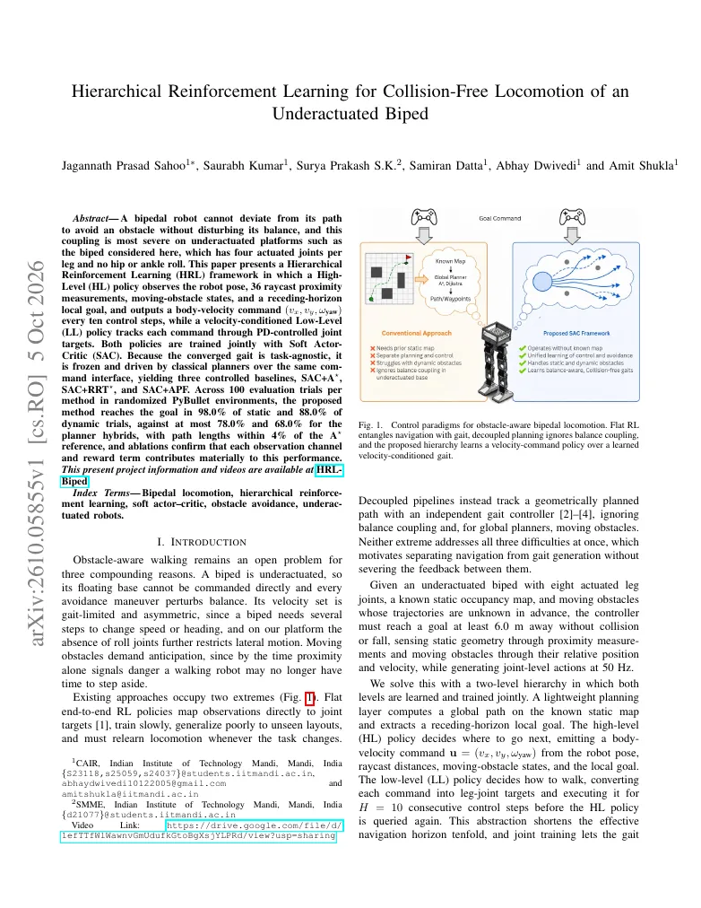 Hierarchical Reinforcement Learning for Collision-Free Locomotion of an Underactuated Biped visual