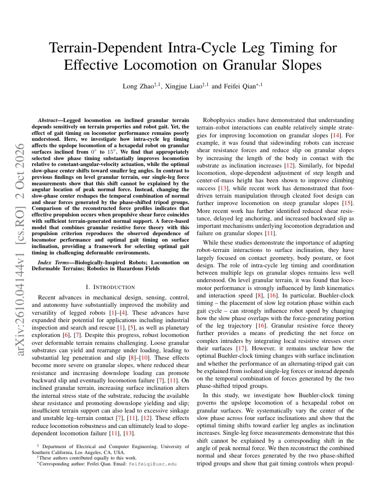 Terrain-Dependent Intra-Cycle Leg Timing for Effective Locomotion on Granular Slopes visual