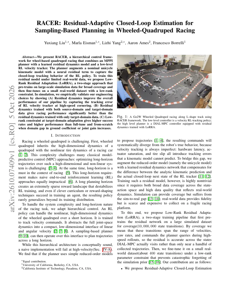 RACER: Residual-Adaptive Closed-Loop Estimation for Sampling-Based Planning in Wheeled-Quadruped Racing visual