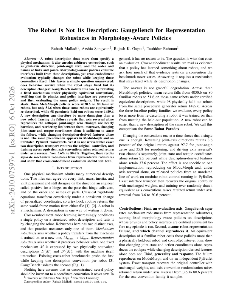 The Robot Is Not Its Description: GaugeBench for Representation Robustness in Morphology-Aware Policies visual