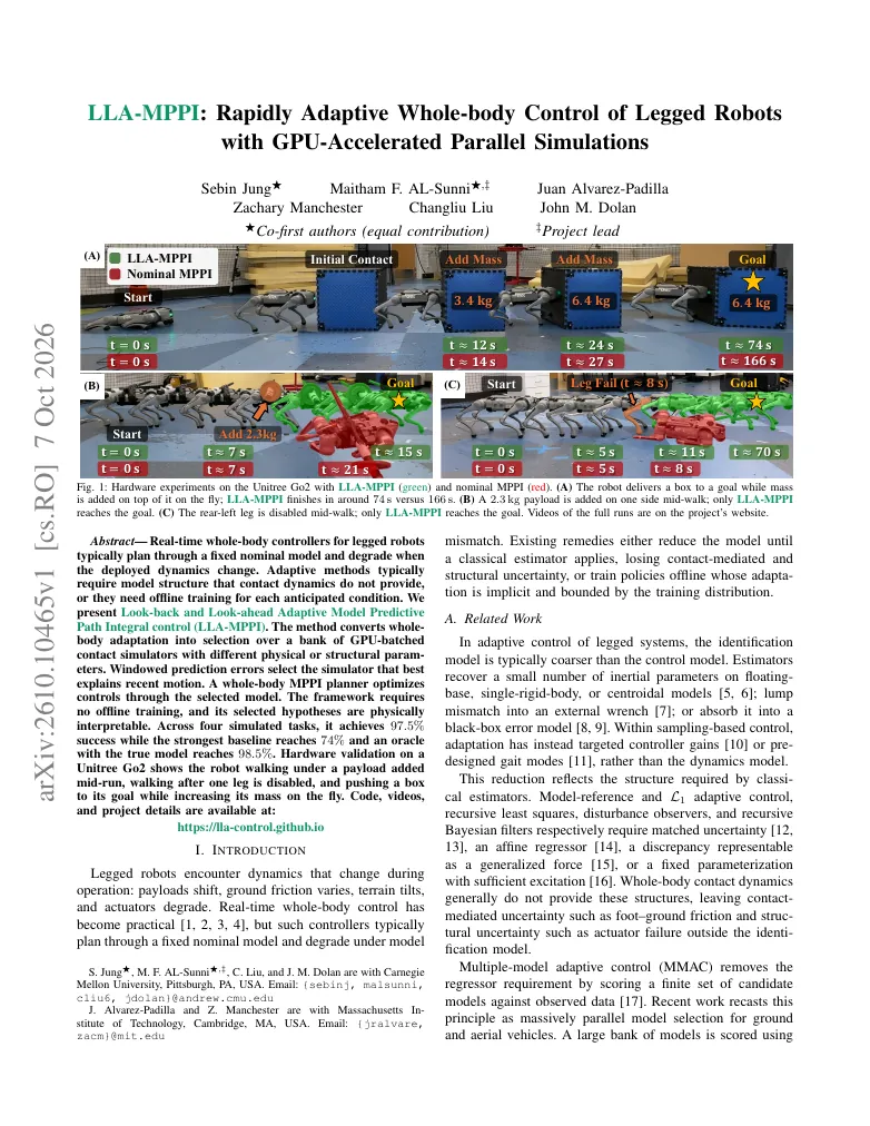 LLA-MPPI: Rapidly Adaptive Whole-body Control of Legged Robots with GPU-Accelerated Parallel Simulations visual