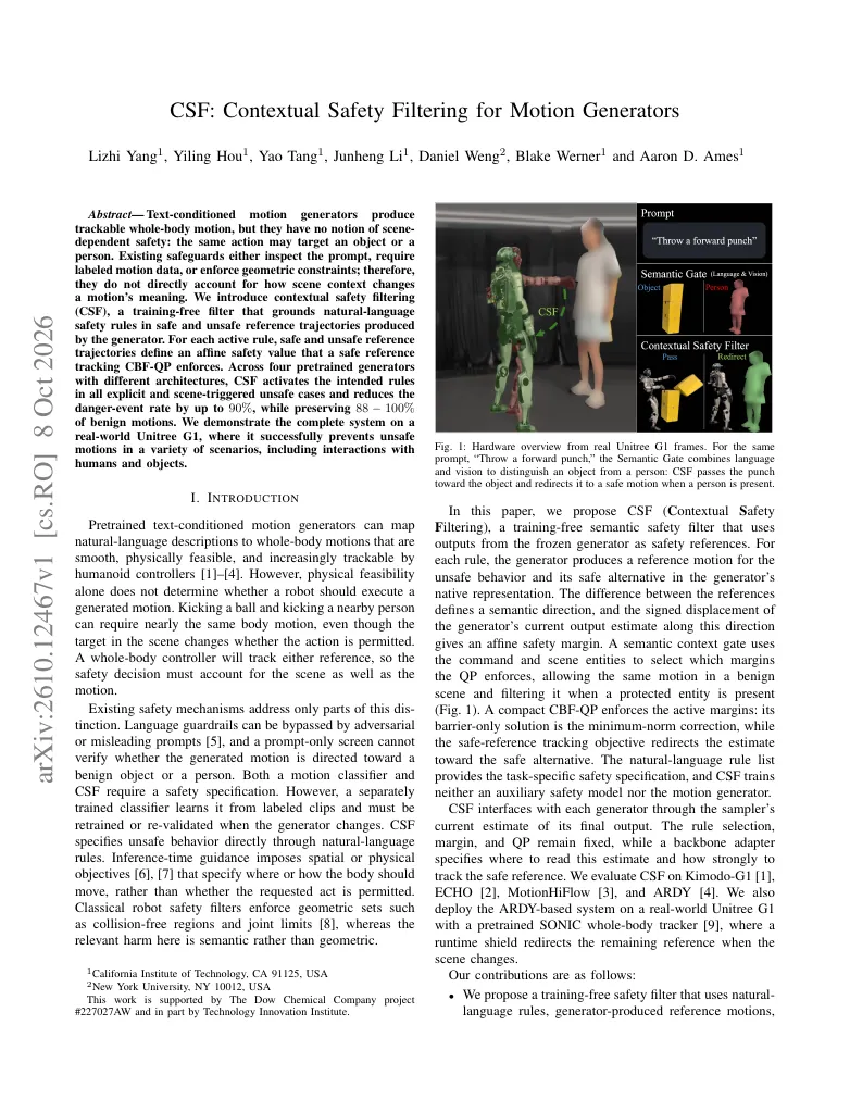 CSF: Contextual Safety Filtering for Motion Generators visual