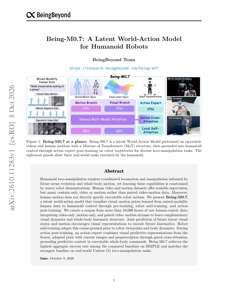 Being-M0.7: A Latent World-Action Model for Humanoid Robots visual