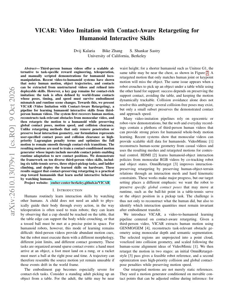 VICAR: Video Imitation with Contact-Aware Retargeting for Humanoid Interactive Skills visual