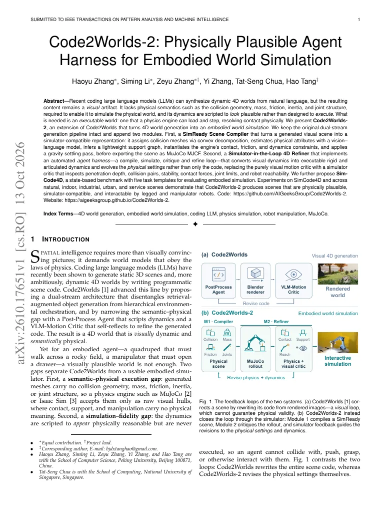 Code2Worlds-2: Physically Plausible Agent Harness for Embodied World Simulation visual