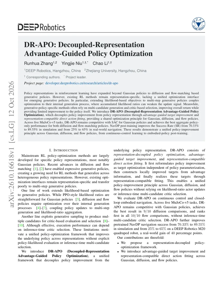 DR-APO: Decoupled-Representation Advantage-Guided Policy Optimization from Continuous Control to Embodied Navigation visual