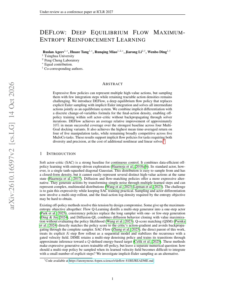 DEFlow: Deep Equilibrium Flow Maximum-Entropy Reinforcement Learning visual