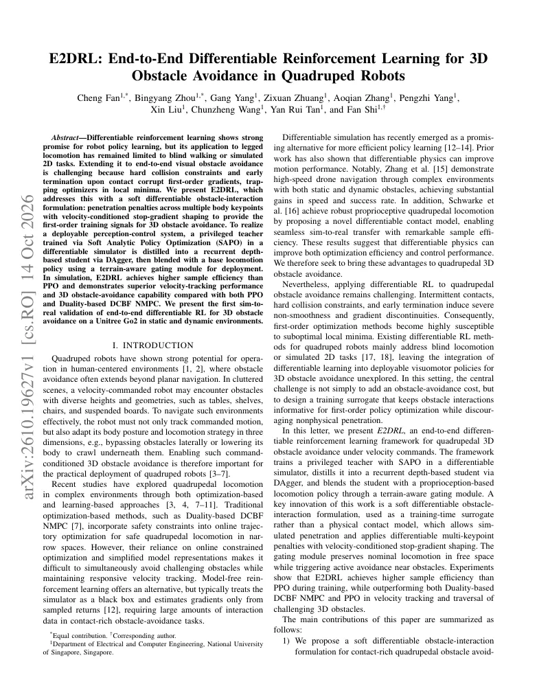 E2DRL: End-to-End Differentiable Reinforcement Learning for 3D Obstacle Avoidance in Quadruped Robots visual