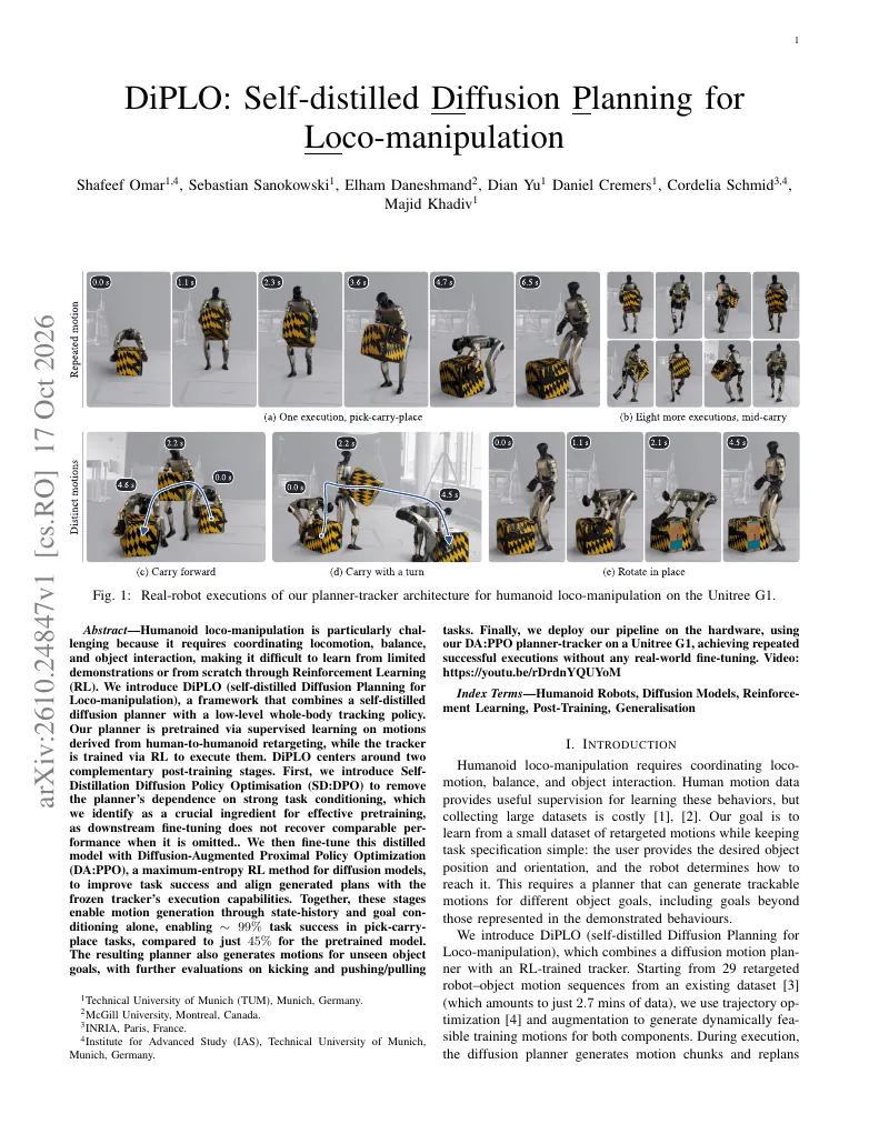 DiPLO: Self-distilled Diffusion Planning for Loco-manipulation visual