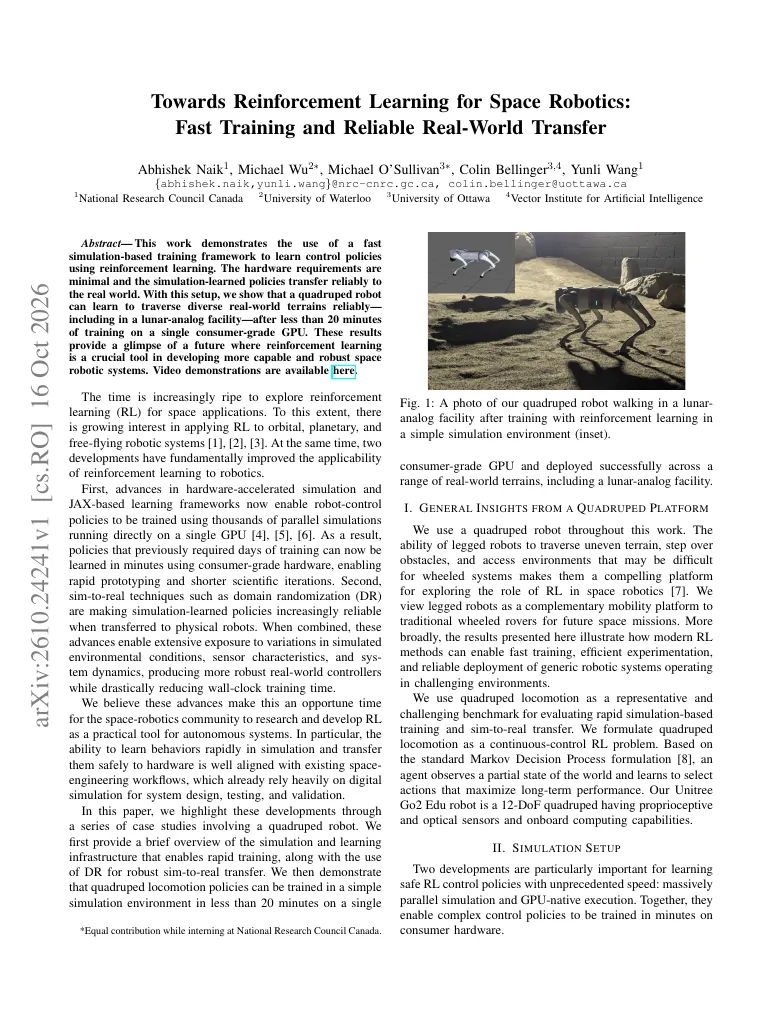 Towards Reinforcement Learning for Space Robotics: Fast Training and Reliable Real-World Transfer visual