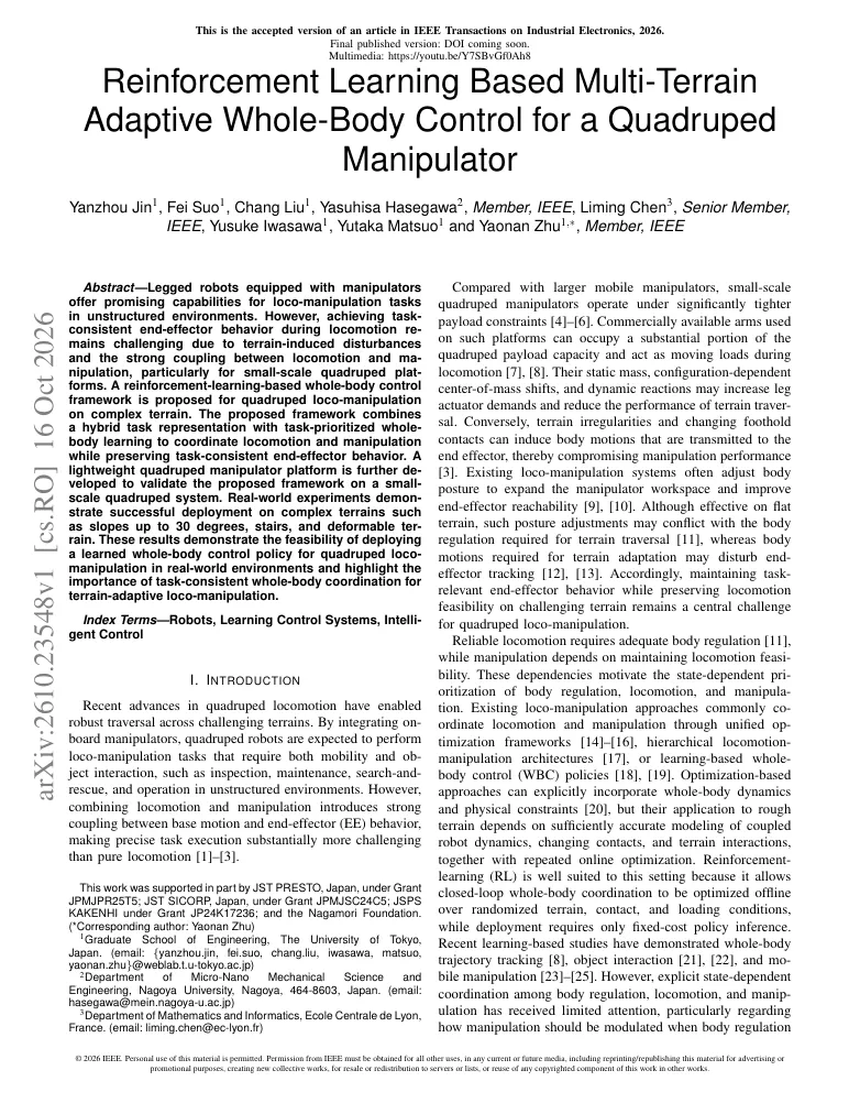 Reinforcement Learning Based Multi-Terrain Adaptive Whole-Body Control for a Quadruped Manipulator visual