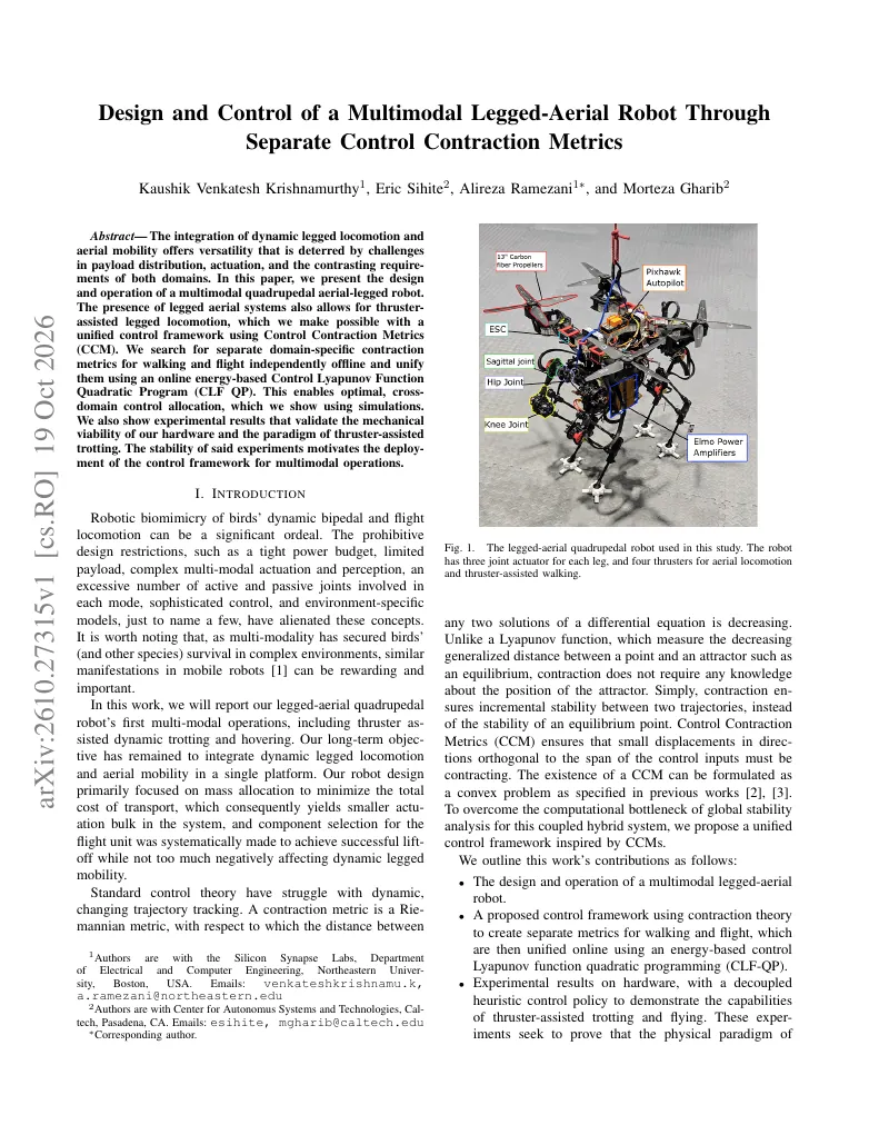 Design and Control of a Multimodal Legged-Aerial Robot Through Separate Control Contraction Metrics visual